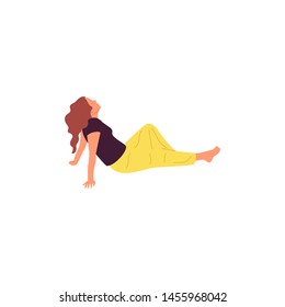 Female character in casual outfit sitting on the ground. Isolated on white. Flat style colorful cartoon stock vector illustration.
