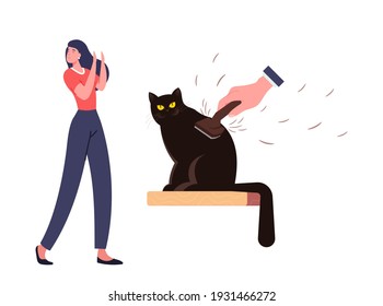 Female Character with Cat Allergy Sneezing of Pets Hair. Allergic Reaction on Animal Fur Concept. Woman Suffer of Cough and Asthma Symptoms at Home, Hand Comb Kitten. Cartoon Vector Illustration