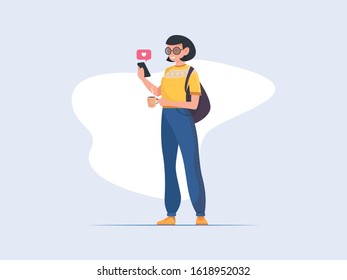 Female character checking her notifications while holding a cup of coffee