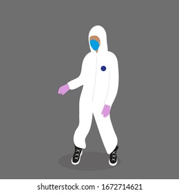 Female character in chemical protection suit, mask and gloves