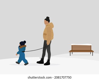 Female character and child with baby reins are walking outdoors in winter