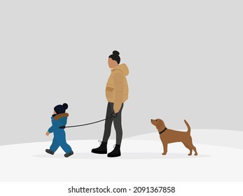 Female character with child and dog walking in winter