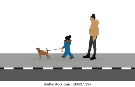 A female character and a child in warm clothes are walking along the sidewalk with a dog