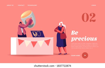 Female Character Choose Bijouterie on Market Landing Page Template. Woman Seller Hold Huge Ring with Amber at Booth, Sell Jewelry of Beads and Gems, Handmade Craft. Cartoon People Vector Illustration