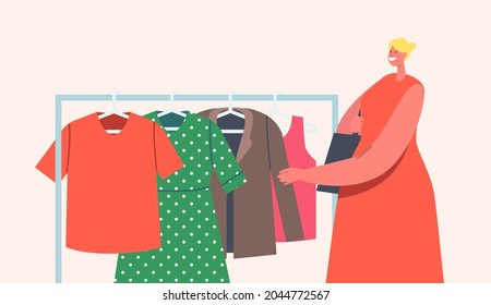 Female Character Choose Clothes To Buy During Outdoor Garage Sale Event. Woman Watching Different Old Clothing On Hanger At Weekend Fair, Flea Market Or Second Hand. Cartoon Vector Illustration