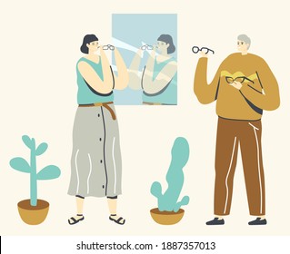 Female Character Choose Eyeglasses front of Mirror on Wall. Vision Diseases Treatment and Diagnostics Concept. Patient at Doctor Oculist Ophthalmologist Appointment. Linear People Vector Illustration