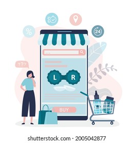 Female character chooses contact lenses in online store. Optics website on smartphone screen. Girl buys lenses in e-store. Concept of e-commerce, eye care. Ophthalmology shop app. Vector illustration