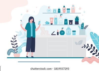 Female character chooses eco-friendly products. Shop with different assortments of organic cosmetics. Various bottles and jars on shelves. Concept of small business and skin care. Vector illustration