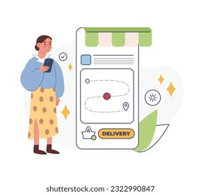 El personaje femenino elige el método de entrega del pedido en aplicación. Seguimiento de la ruta de entrega de paquetes. Ubicación del paquete, punto de transferencia, estación de clasificación. Tecnología moderna y estilo de vida. Vector