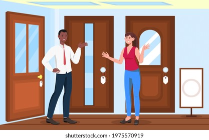 Female character is choosing doors in store for her apartment. Male smiling salesman is consulting a customer about doors. Concept of furniture store for apartment. Flat cartoon vector illustration