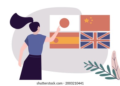 Female character choosing language to study at home. Choice of foreign language. Online education, webinars and training. E-learning concept. Internet technology. Trendy flat vector illustration