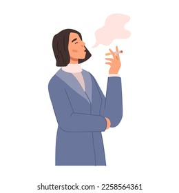 Female character with cigarette in hand smoking and making vapor. Isolated woman wearing business or formal clothes, employee on break. Vector in flat style