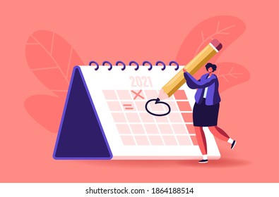 Female Character Circle Date on Huge Calendar Planning Important Matter. Time Management, Work Organization and Life Events Notification, Memo Reminder, Work Plan. Cartoon Vector Illustration