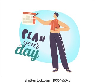 Female Character Circle Date on Calendar Planning Important Day Matters. Time Management, Work Organization and Life Events Notification, Memo Reminder, Work Plan. Cartoon Vector Illustration
