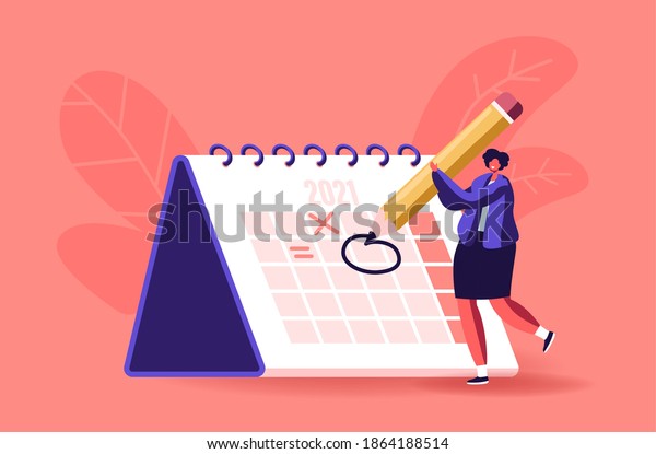 Female Character Circle Date on Huge Calendar Planning Important Matter. Time Management, Work Organization and Life Events Notification, Memo Reminder, Work Plan. Cartoon Vector Illustration