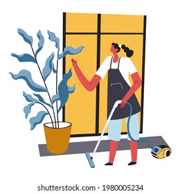 Female character cleaning apartment hoovering carpets and tidying floor. Vacuuming housewife wiping dust from leaves of big leafy plant in pot. Cleanup of maid or worker. Vector in flat style