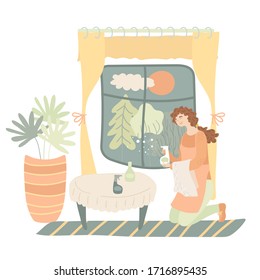 Female character cleaning window with spray inside her house vector illustration. Isometric design happy and smiling woman doing her housework with pleasure. Can be used cleaning service advertising