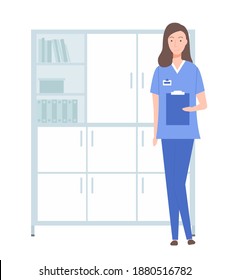 Female character with clipboard. Doctor, physician, therapist portrait. Nurse working in a hospital. Doctor with special equipment writes data in a notebook. Woman in blue coat in medical office