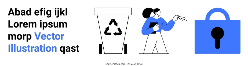 A female character with clipboard pointing to a recycling bin and a lock. Ideal for recycling, data security, eco-friendly, environmental awareness and information privacy themes. Landing page