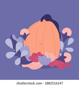 Female character in colors. A symbol of feminism, body positive, beauty and feminine strength. Template for a postcard, poster or banner. Isolated vector illustration.