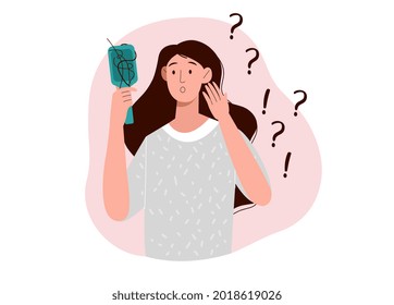 Female character with a comb in hand. Hair loss, alopecia in young age, baldness, hair problems concept. Flat cartoon vector illiustration