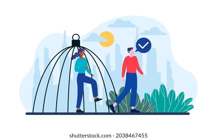 Female character comes out of cage. Woman free from psychological problems. Metaphor for opening new horizons for self development. Cartoon flat vector illustration isolated on white background