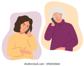 The female character communicates with her elderly mother or grandmother on her cell phone. Family correspondence conversation, dialogue. Family relationships. Trendy flat vector illustration.