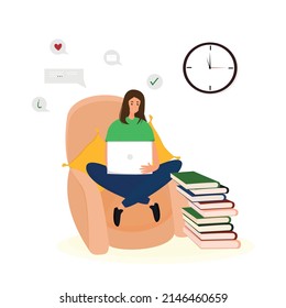 female character with a computer in her hands is working or studying on a chair with a huge stack of books. Homeschooling or Freelancing. Flat vector illustration in cartoon style.
