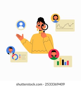 Female Character Conducting Team Research With Data and Profile Icons in Flat Vector Illustration Symbolizing Recruitment, Analytics, and Human Resources, Isolated on White Background