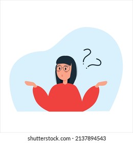 Female character confused. Question marks. Vector illustration in flat style