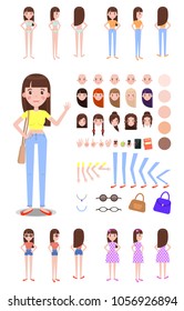 Female character constructor with spare parts set. Girl with spare hairstyles, body parts templates and summer outfits isolated vector illustrations.