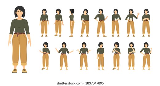 Female character constructor with various views.Vector