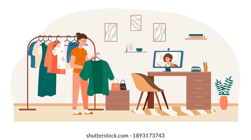 Female character is is consulting client online in a shop. Woman demonstrating clothes to computer. Concept of a personal stylist consultation to help choosing outfit. Flat cartoon vector illustration