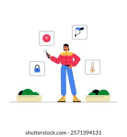 Female Character Controlling Smart Home Features Using A Smartphone In Flat Vector Illustration Symbolizing Technology, Innovation, And Connected Living, Isolated On White Background.