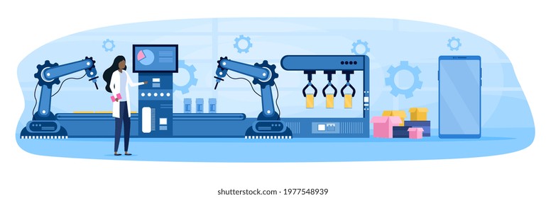 Female character is controlling smartphone production process. Woman in robe on automated machinery line with robotic hands. Concept of mobile phone factory. Flat cartoon vector illustration