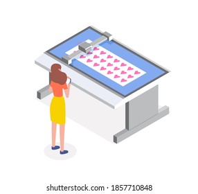 Female character controlling the work process of laser cutter or engraving machine. Printing house professional equipment. Vector isometric illustration of professional printshop isolated on white