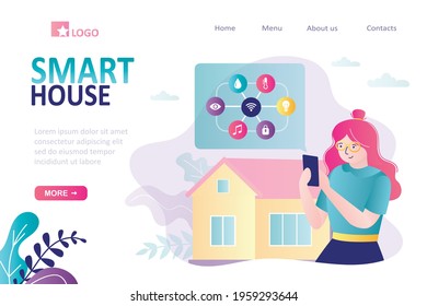 Female character controls smart home through app. Remote control of smart home via mobile phone. Woman uses artificial intelligence technology. Landing page template. Trendy flat vector illustration