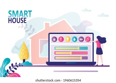 Female character controls smart home from laptop. Icons of various smart house functions on computer screen. Home control app. Girl adjusts volume of music through application.Flat vector illustration