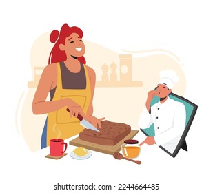 Receta de Cocina de Carácter Femenino para Reloj de Pasteles en, Tutoriales Culinarios, Clases en línea para Concepción de Amas de Casa. Las mujeres usan Internet para preparar comida. Ilustración de vectores de personas de caricatura