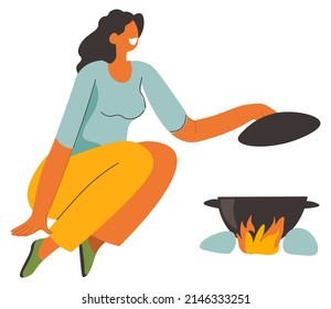 Female character cooking soup on fire, isolated woman with pot on bonfire. Traveling and camping, preparing food while in trip. Tourist summer vacation outdoors resting. Vector in flat style