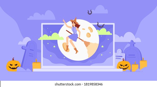 Female character in costume of whitch on laptop screen celebrate halloween. Online holiday party. Happy Halloween greetings template vector.