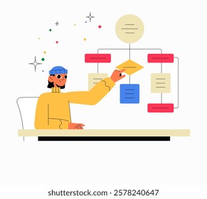 Female Character Creating Flowchart In Flat Vector Illustration Symbolizing Workflow, Process Optimization, And Project Planning, Isolated On White Background