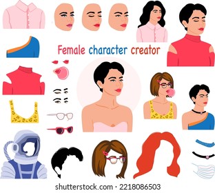 Female character creator, woman portrait generator. Cosmic girl avatar constructor. Face expressions, clothes variations, different hairstyles. 