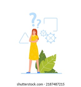 Female Character with Critical Thinking, Woman with Geometrical Shapes, Cogwheels and Question Mark over Head. Businesswoman, Analytic Searching Solution, Think. Cartoon People Vector Illustration