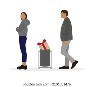 Female character with crossed arms, gift box in trash can and male character on white background