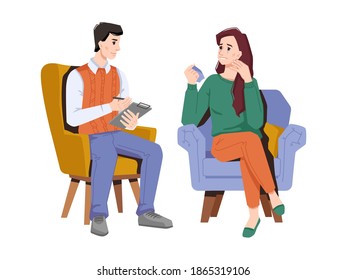 Female character crying and complaining about life and problems to psychologist. Professional doctor listening to patient, giving treatment and psychological support and help. Vector in flat style