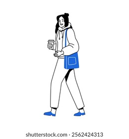 Female character with cup of coffee, strolling and walking. Vector isolated student, young girl wearing warm autumn clothes with tote bag on shoulder. Fashionable stylish personage citizen