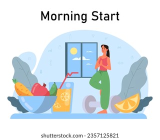 Female character daily morning routine. Everyday lifestyle, woman having a breakfast and doing yoga. Modern lifestyle habits for longevity and physical well being. Flat vector illustration