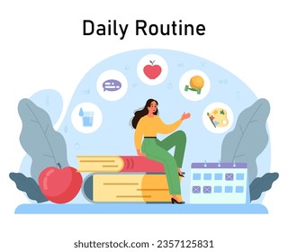 Female character daily routine and schedule. Active and healthy lifestyle. Modern lifestyle habits for longevity and physical well being. Flat vector illustration