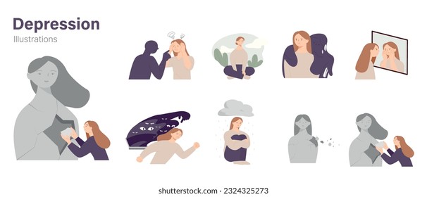 Female character with depressed and negative emotions. simple vector illustration.